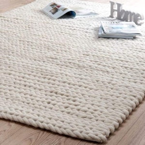 Hand Knitted Chunky Wool Rug Size 5x8 6x9 7x10 8x10 9x12 Flat Woven High Pile Rug OFF White Ivory Coloured Chunky Rug Hand Weaved Carpet