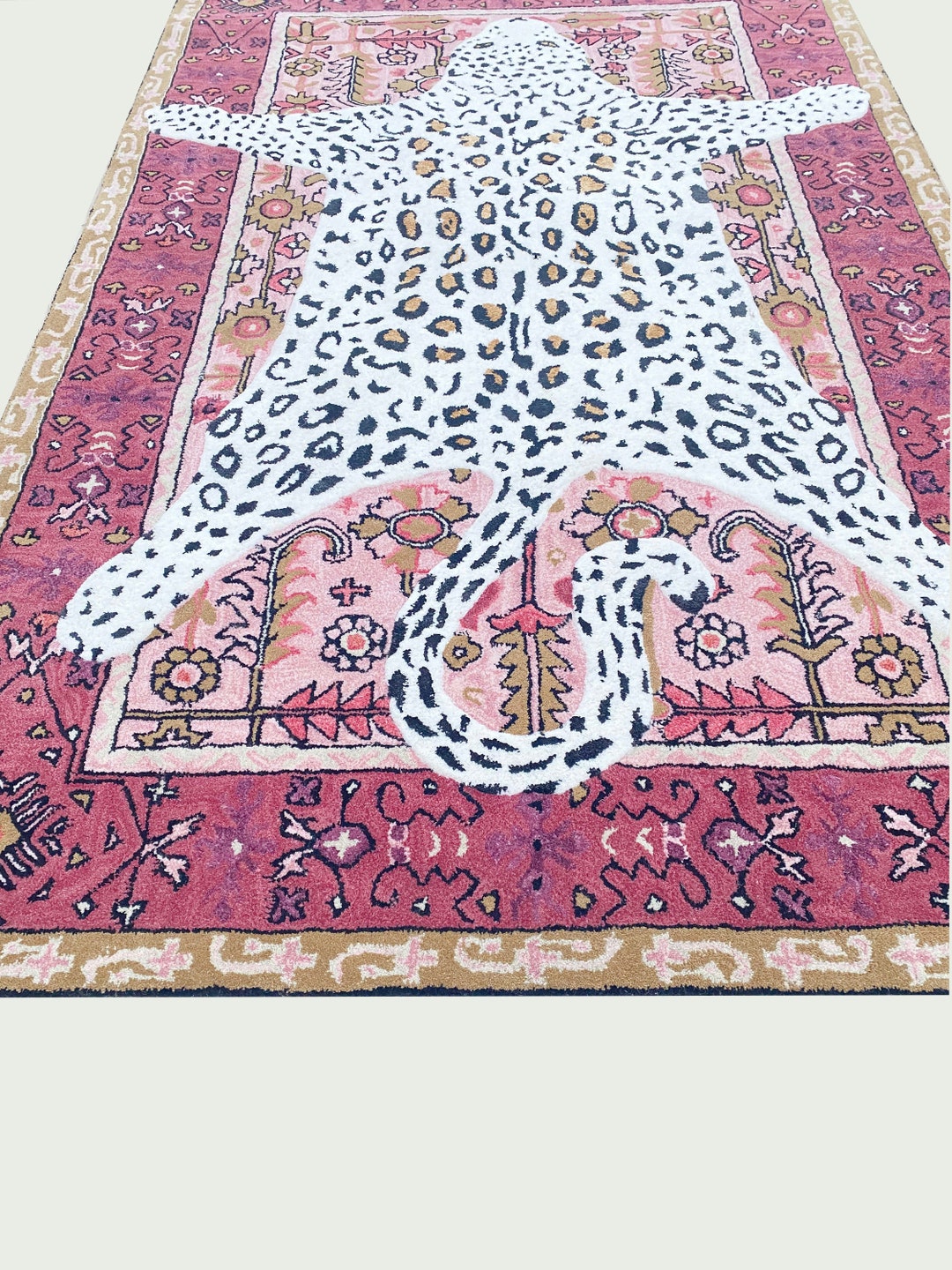 Hand Tufted Pink Purple Octivia Leopard Area Rug Wool Area Rug White