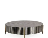 Egyptian Stripe Bone Inlay Coffee Table in White Black Colour Conversation Bone Inlay Table, Round Table, Coffee bone inlay Table