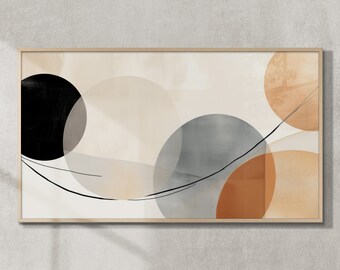 May include: Abstract art print with overlapping circles in shades of beige, brown, black, and gray. The circles are arranged in a dynamic composition with a thin black line curving through the center.