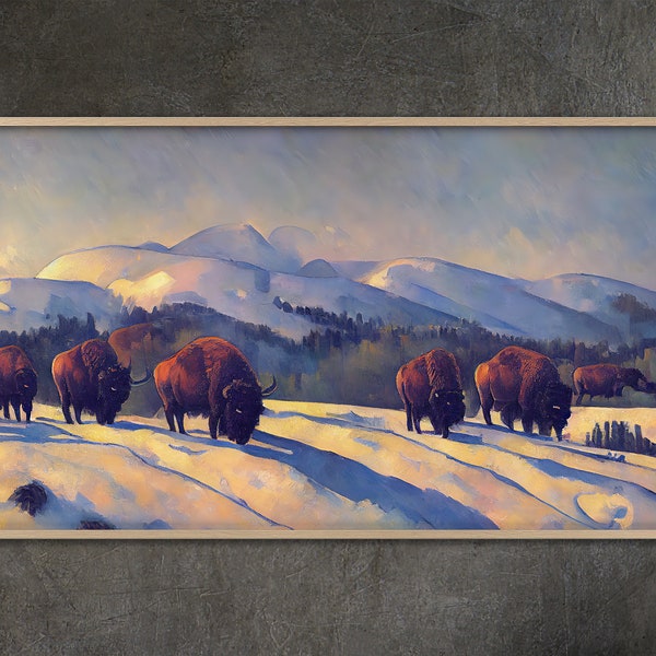 Samsung Frame TV art, American Bison in Western Plains Painting Samsung Frame TV Art Home and Wall Décor Digital Download