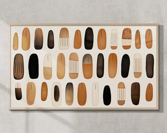 May include: A framed abstract art print featuring a collection of 36 oval shapes in various shades of brown, beige, and black. Each shape has a unique pattern or design, creating a visually interesting and modern aesthetic.