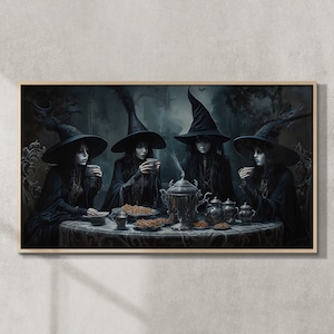 May include: Four witches in black dresses and pointed hats sit around a table with teacups and plates of food. The scene is set in a dark, mysterious forest.