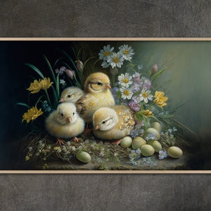 Samsung Frame TV Kunst, Ostern Küken und Ei Blumen Malerei Samsung Frame TV Art Home and Wall Dekor Digital Download