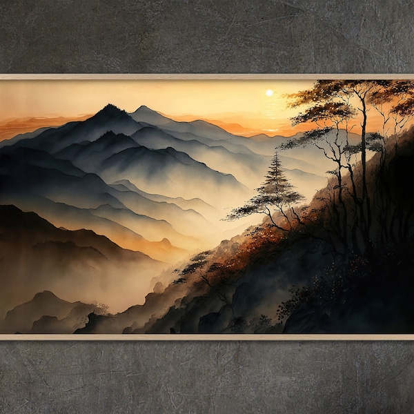 Samsung Frame TV art, Aquarelle Montagne Paysage Peinture Samsung Frame TV Art Accueil et Décoration Murale Téléchargement numérique