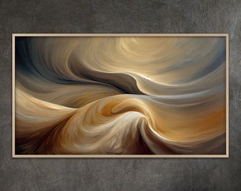May include: Abstract painting with swirling, flowing lines in shades of brown, beige, and white. The painting is framed in a light wood frame.