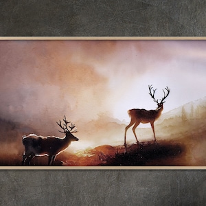 Samsung Frame TV art, Christmas Reindeer Winter Landscape Painting Samsung Frame TV Art Home and Wall Décor Digital Download
