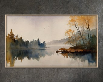 Samsung Frame TV art, Thanksgiving Fall Lake Landscape Watercolor Painting Samsung Frame TV Art Home and Wall Décor Digital Download