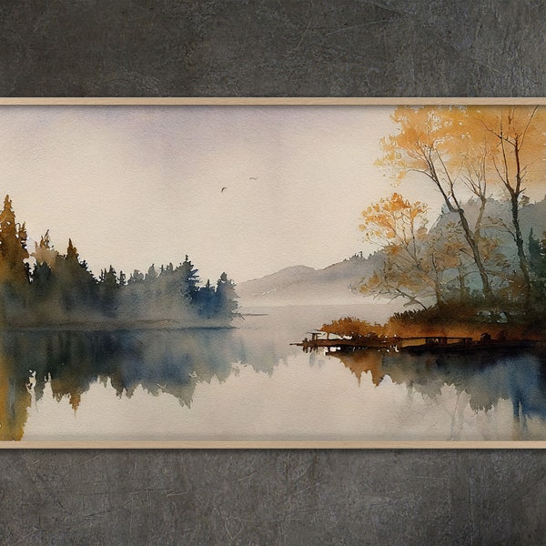 Samsung cadre TV art, Thanksgiving automne lac paysage aquarelle peinture Samsung cadre TV Art maison et décoration murale téléchargement numérique