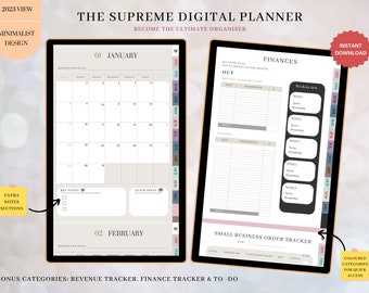 May include: A digital planner with a minimalist design. The planner includes a calendar, a finances section, and a small business order tracker. The planner is available for instant download. The planner has colored tabs for quick access to different sections.