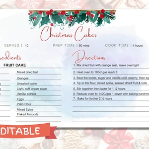 Editable Recipe Card, Holiday Gift Idea, Christmas, Digital Download, Instant Download, Printable Recipe Card, 4x6, 5x3, Xmas, Minimal