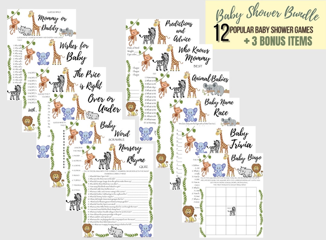 Safari Theme Baby Shower Game Bundle, Baby Shower Bundle Game Cards