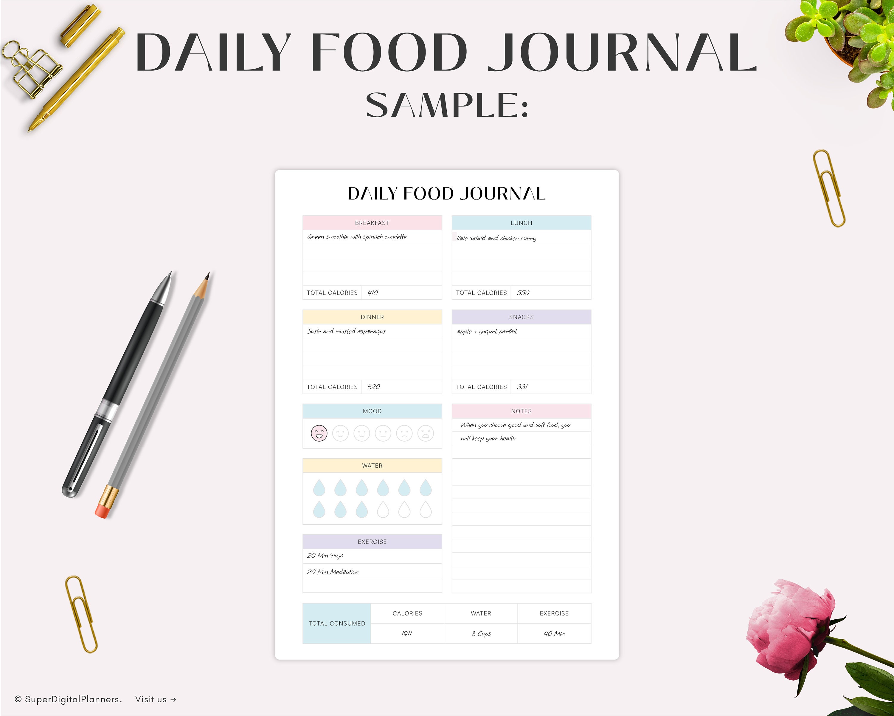 Printable Daily Food Planner, Food Journal, Daily Food Diary, Daily ...