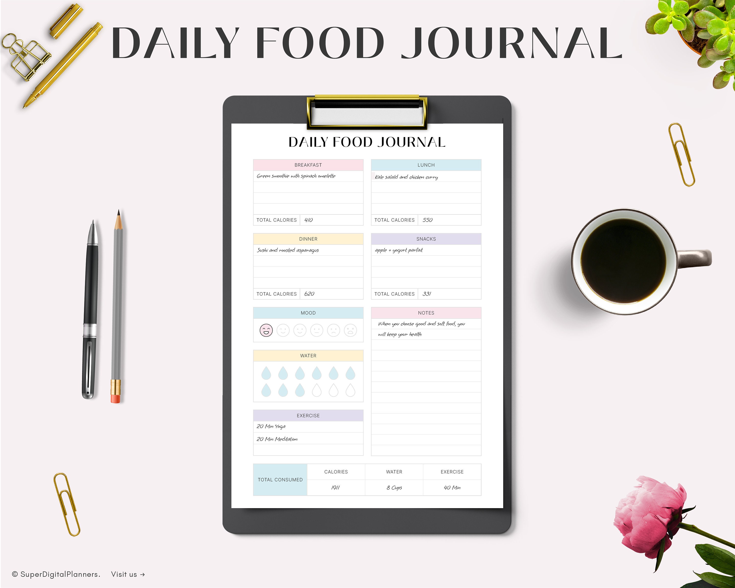 Printable Daily Food Planner, Food Journal, Daily Food Diary, Daily ...