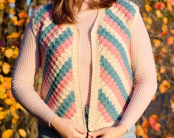 Handmade Crochet Knitted Vest – Striped Wool Vest for Women, Cozy Sleeveless Cardigan, Boho Fall Outfit