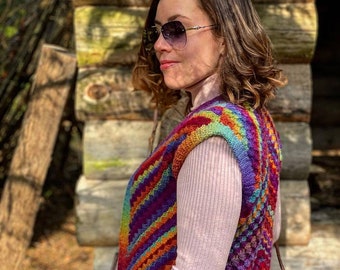 Handmade Rainbow Crochet Vest – Boho Knitted Wool Vest, Warm Sleeveless Cardigan, Colorful Winter Gift for Women