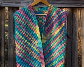 Handmade Rainbow Crochet Vest – Boho Knitted Wool Vest, Warm Chunky Cardigan, Colorful Striped Sleeveless Jacket for Women