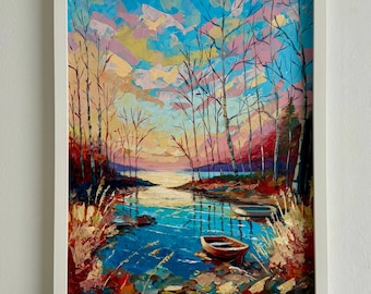 Original Acrylic Landscape Painting – Sunset Lake with Boat, Textured Palette Knife Art, Framed Wall Decor, Gift for Nature Lovers