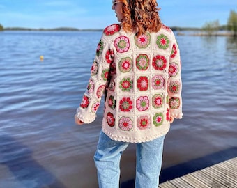 Handmade Crochet Floral Cardigan – Boho Granny Square Sweater, Vintage-Inspired Oversized Knit Jacket, Cozy Spring Layering