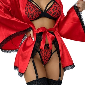 Women&#39;s 4 PCS Large Leopard Print Contrast Lace Garter Lingerie Set with Robe/Valentine&#39;s Lingerie/Embroidered Bra and Panty/Gift For Her