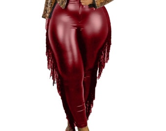 Plus Size Vintage Pu Leather Burgundy Tassels Skinny Pants/Motorcycle Pants/Vegan Pu Leather Leggings Plus Size 1XL,2XL,3XL/Leather Leggings