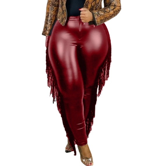 Plus Size Vintage Pu Leather Burgundy Tassels Ski… - image 1