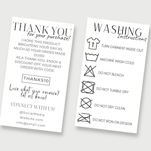 Bewerkbare wasinstructiesjabloon, bedankkaart voor kledingverzorging, verpakking van T-shirtinzetstukken, bewerken in Canva