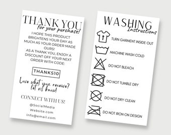 May include: Two white cards with black text. One card says "THANK YOU for your purchase!" and includes a discount code. The other card has washing instructions with symbols and text like "TURN GARMENT INSIDE OUT" and "MACHINE WASH COLD."