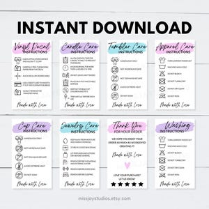 Onderhoudskaartbundel, klaar om af te drukken wasinstructies, bedankt voor je aankoop, onderhoudskaart beker, labellabel kopje, pdf-bestand direct te downloaden