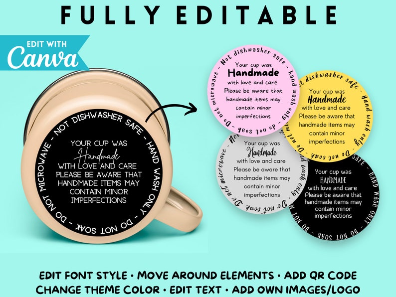 Care Instructions for Vinyl Mugs, Tumbler Cup Care Label, Editable