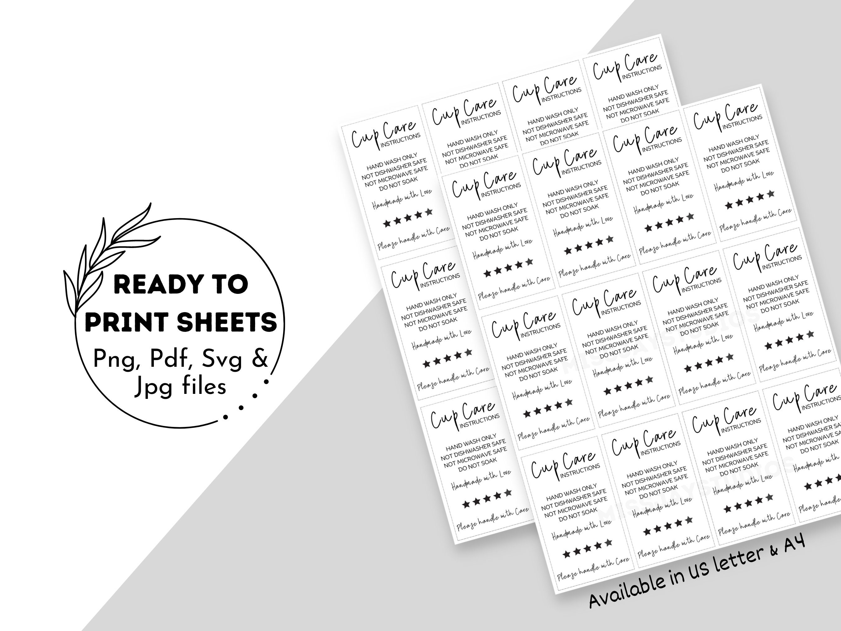 READY TO PRINT Cup Care Instructions Card, Handmade Cup Inserts