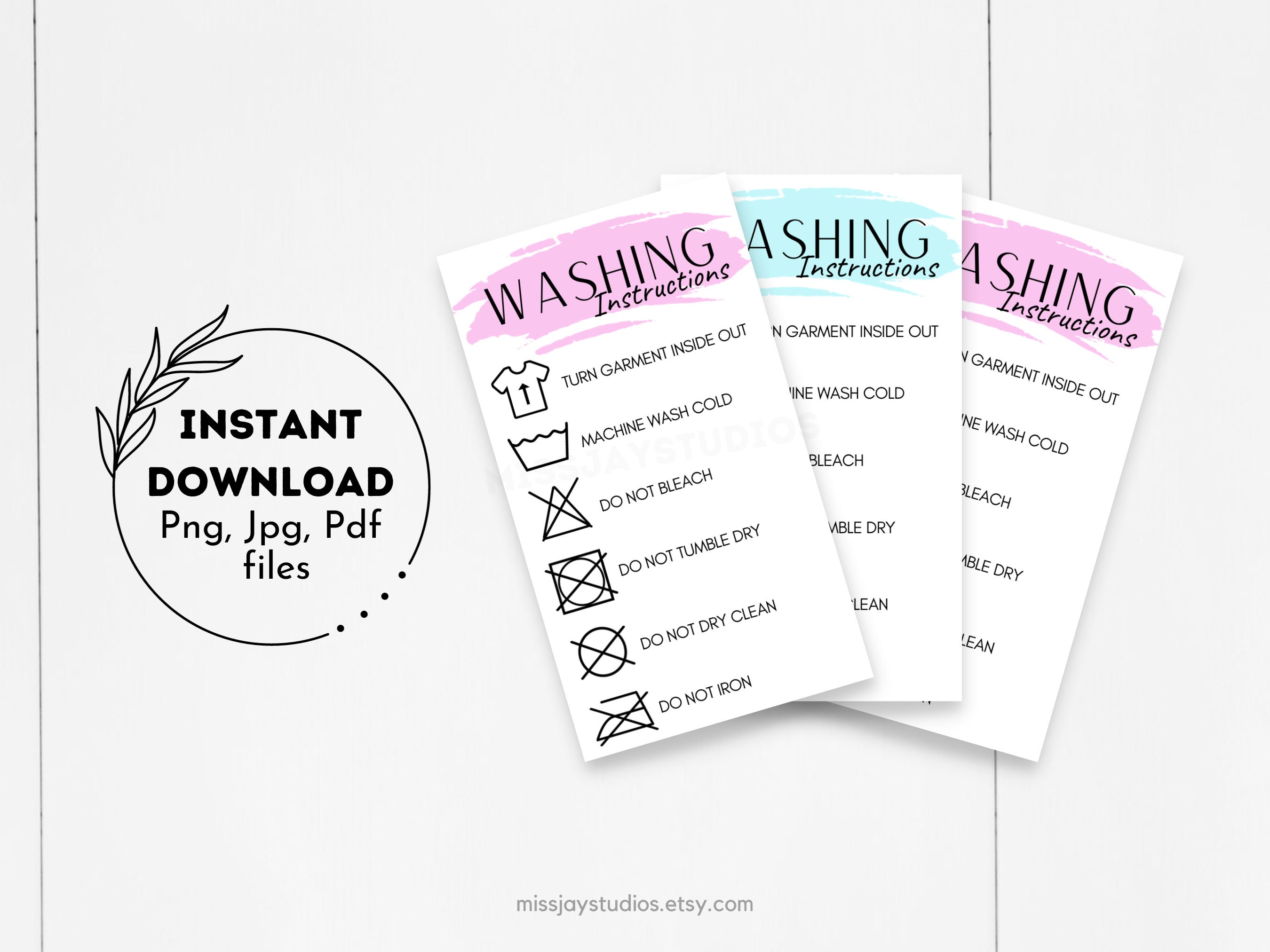 Printable Washing Instructions.pdf Ready to Print Washing Instructions Card, Shirt Care Card, Apparel Care ...