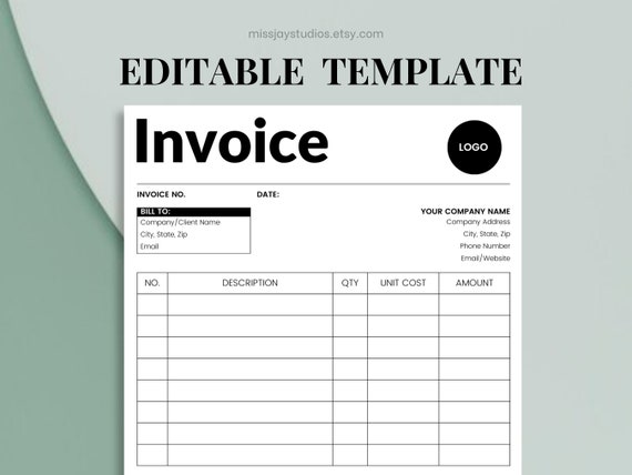 Editable Invoice Template Customizable Professional Business Invoice Canva Template Printable