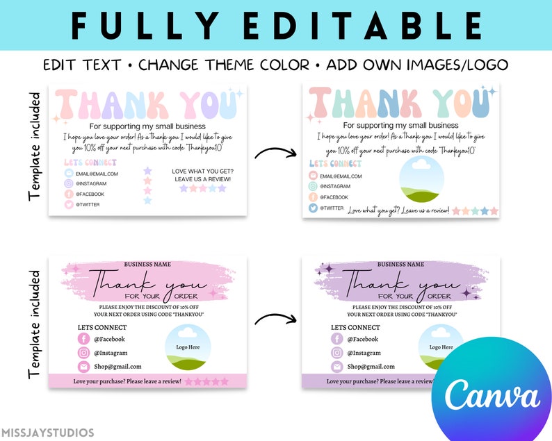 Small Business Thank You Cards, Editable Card Templates, Thank You for ...