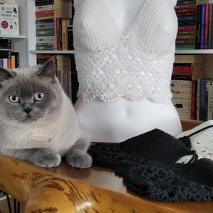 Pode incluir: Um top branco de croch&ecirc; com al&ccedil;as e um padr&atilde;o delicado, exibido em um manequim branco. O top est&aacute; sobre uma mesa de madeira com um gato cinza sentado na mesa.
