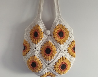 Bolsa quadrada de crochê com girassóis, estilo vovó: Bolsa boho de algodão feita à mão
