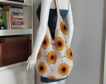Handmade Sunflower Crochet Granny Square Bag: Boho Hippie Tote