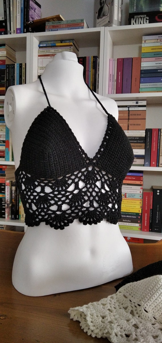 Crochet Top, Festival Crop Top, Festival Bralette, For the summer Top, Crochet Bustier,Black and white top.