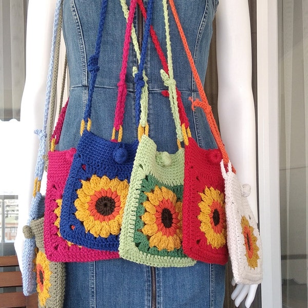 Gehäkelte Kindle-Tasche mit Sonnenblume, gehäkelte E-Book-Reader-Hülle, gehäkelte Handyhülle, kleine Taschen im Boho-Stil, Geschenk für sie.