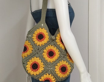 Sunflower Crocheted Bag, Granny Square Bag, Crocheted Bag, Bohemian Style Bag, Vintage Bag , Gift for her , Handmade Bag, Shoulder Bag.