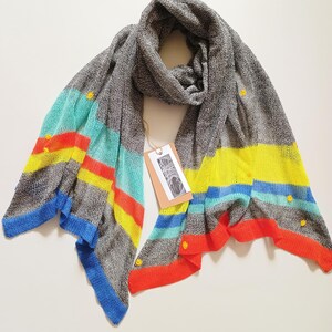 Grey knitted shawl wrap, Melange grey striped neons scarf, Merino wool scarf, Grey mesh scarf, boho wrap, Striped wrap merino, Weekend shawl