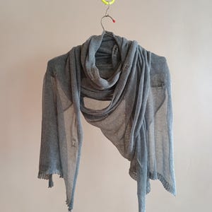 Grey Knit Scarf: Extra Long Cotton Blend Tattered Shawl