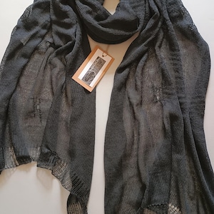 Distressed black scarf, Extra long hand knitted scarf, mesh scarf, Merino wool scarf, Avantgarde scarf, Casual  wrap, Tattered shawl,