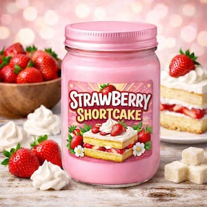 May include: A pink jar candle with a matching lid, labeled "Strawberry Shortcake." The label features a graphic of a strawberry shortcake. Fresh strawberries, whipped cream, and a slice of cake are also visible.