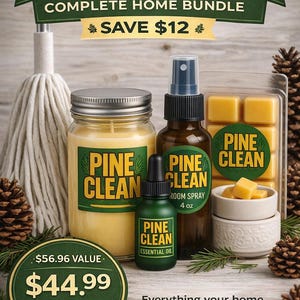 May include: A complete home bundle featuring Pine Clean products. The image shows a candle, essential oil, room spray, wax melts, and a mop. The products are labeled with the text "Pine Clean" and the bundle saves $12.