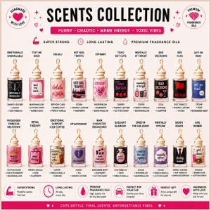 May include: A collection of car air fresheners with various scents, each in a small, decorative bottle. The labels feature playful names and graphics, such as "Hot Girl Traffic" and "Toxic But Cute." The text "Scents Collection" is at the top.