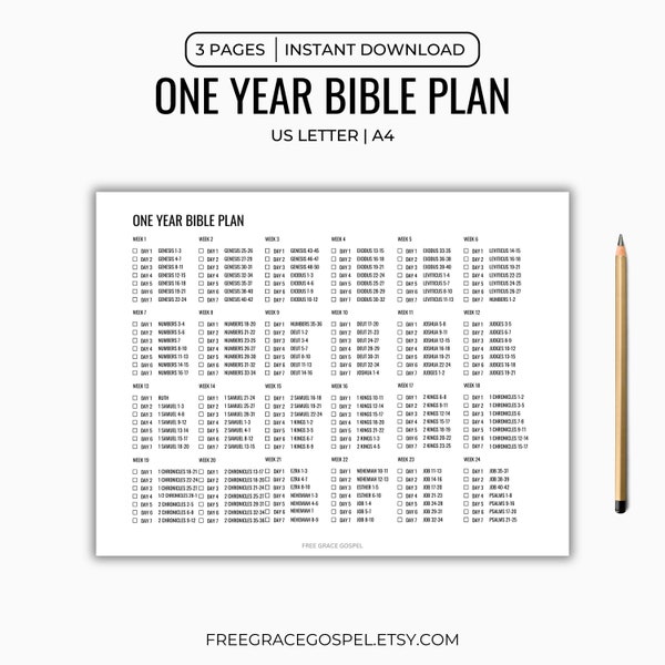 Eenjarig Bijbelplan | Bijbelleesplan Afdrukbaar van begin tot eind | 1 Jaar Bijbelplan | Lees de Bijbel in een jaar | Bijbeltracker A4, Letter