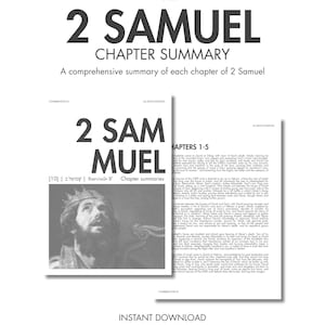 May include: A digital document titled 2 SAMUEL CHAPTER SUMMARY in A4 size. The layout features black text on a white background, including a grayscale illustration of a king wearing a crown and detailed written summaries of the biblical chapters.