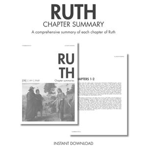 May include: A digital document titled RUTH CHAPTER SUMMARY in A4 size. The page features the text RUTH, Chapter summaries, and a black and white historical illustration of figures in a field. The document includes detailed text about chapters 1-2.