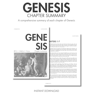 Könnte beinhalten: Ein digitales Dokument mit dem Titel A4 SIZE GENESIS CHAPTER SUMMARY. Die Seite enthält den Text GENESIS, CHAPTER SUMMARIES und eine schwarz-weiße Illustration von Figuren in einer Gartenumgebung mit dem Text [01] | בראשית | Γένεσις.